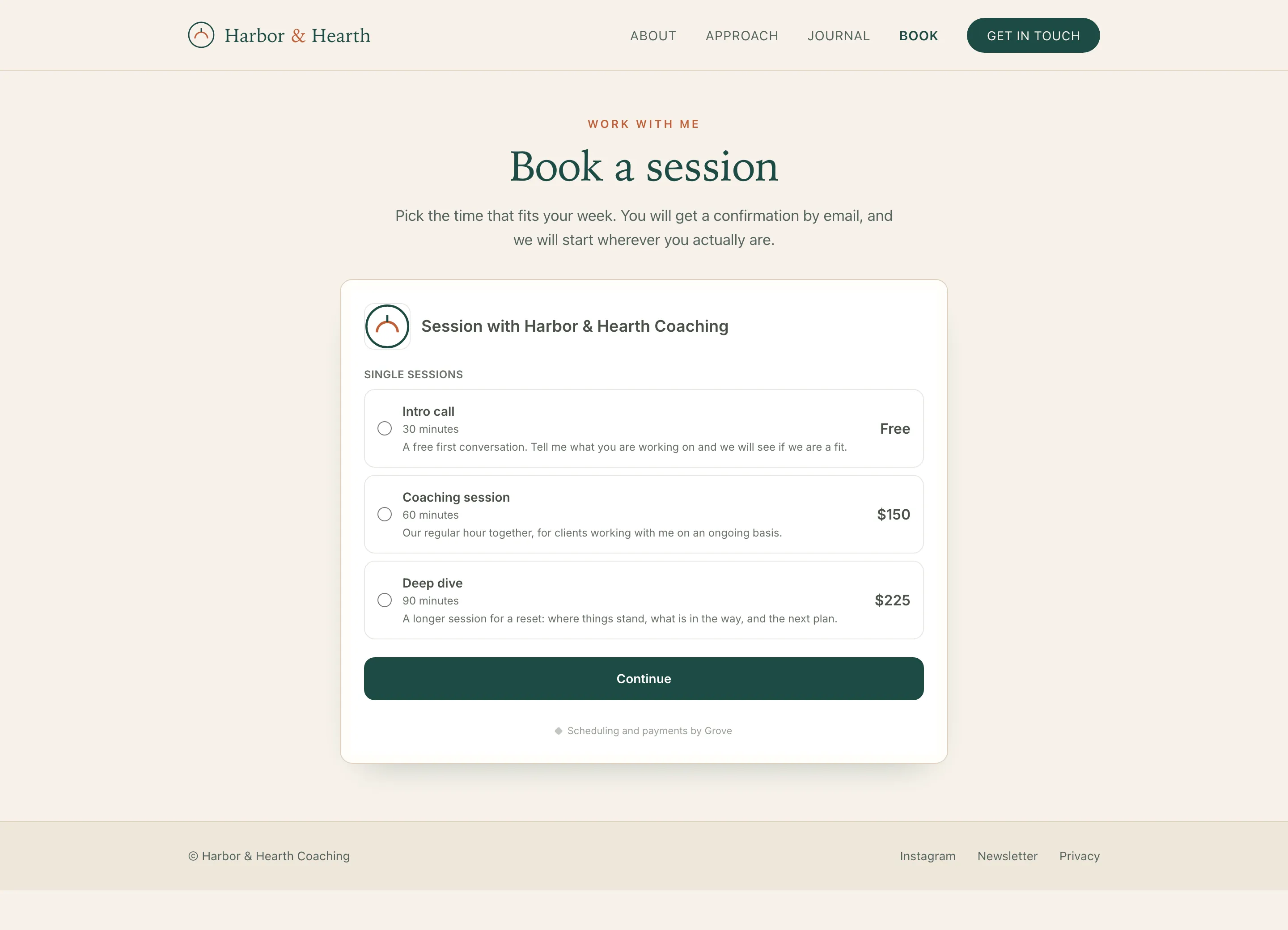 A coach's own website with the embed in the page: the practice's own logo and colors on the booking card, listing a free intro call and two paid sessions with prices