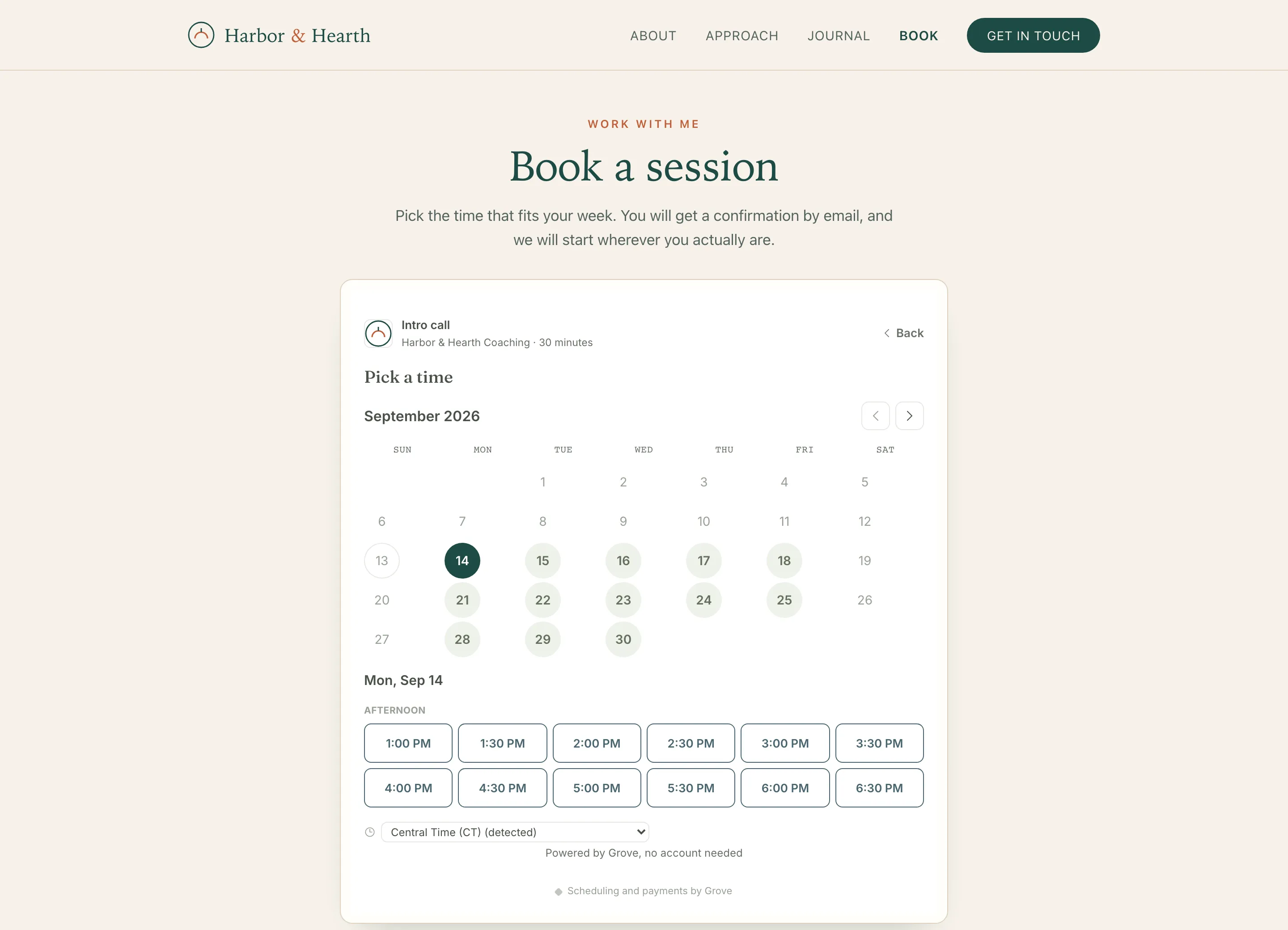 The time picker running inside the embed on the coach's own page: a calendar of open days, afternoon time slots, and the visitor's detected timezone