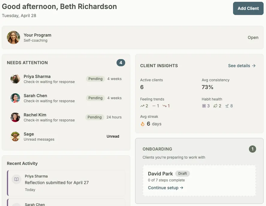 Coach dashboard: today's overview, clients needing attention, and client insights