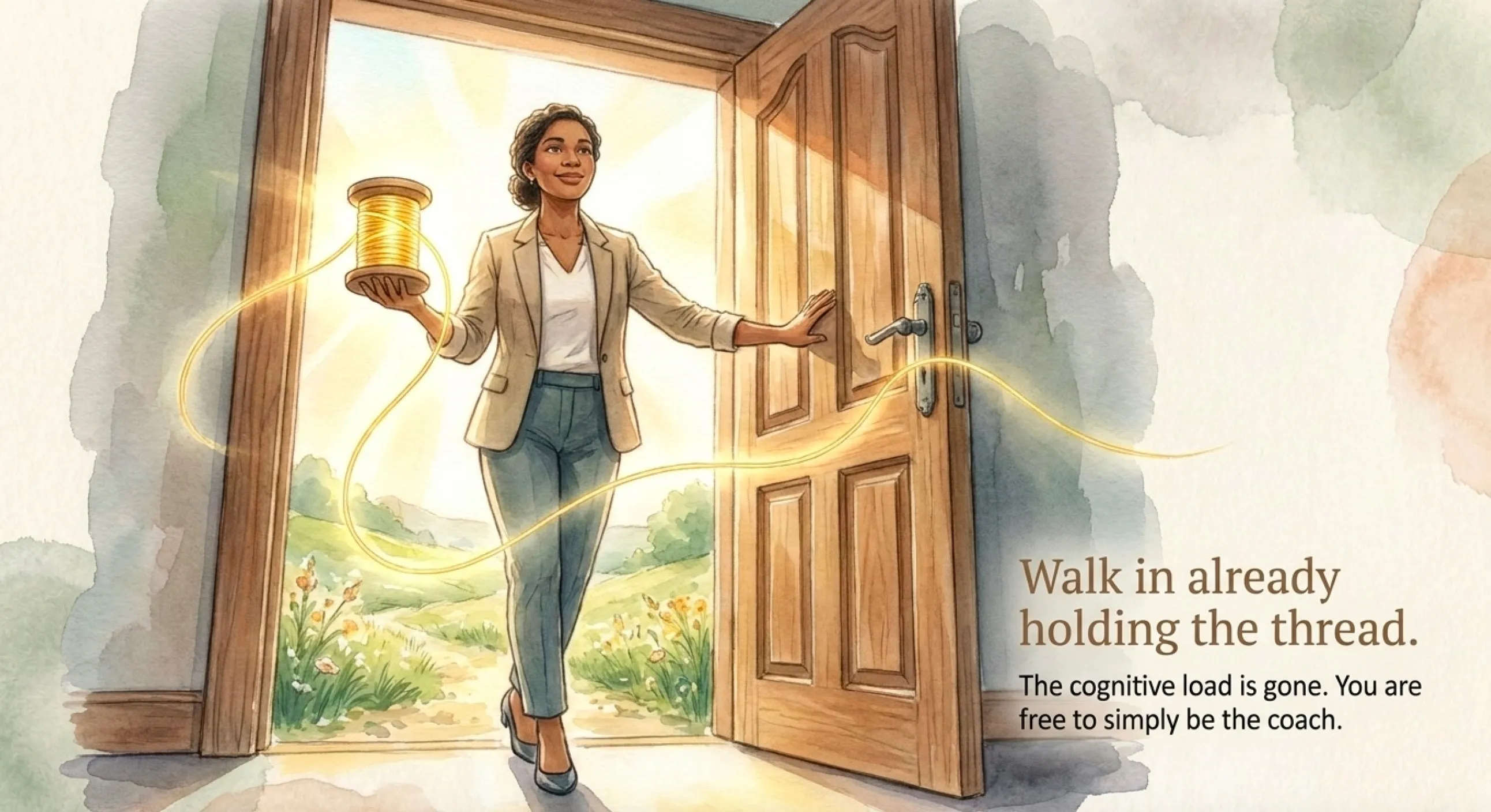 Watercolor illustration of a coach stepping through an open door into bright sunlight, holding up a glowing spool of golden thread. Title: Walk in already holding the thread. Caption: The cognitive load is gone. You are free to simply be the coach.