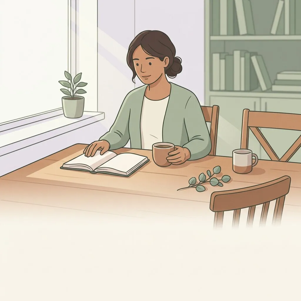 An illustration of a coach at a wooden table in warm window light, reading back through a notebook of her client notes, a coffee beside her and an empty chair across the table, in the quiet minutes before a session begins.