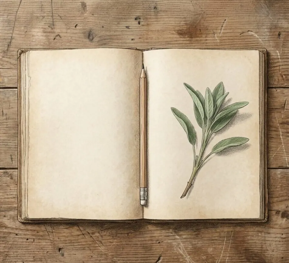 An open logbook on weathered wood, a pencil resting in the gutter and a sage sprig on the facing page, titled 'Keeping the count.'