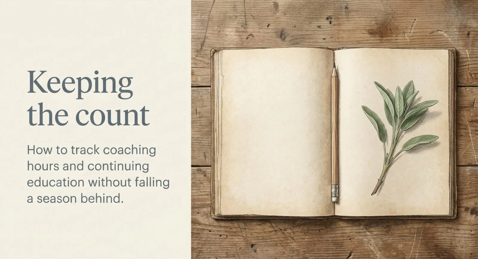 An open logbook on weathered wood, a pencil resting in the gutter and a sage sprig on the facing page, titled 'Keeping the count.'