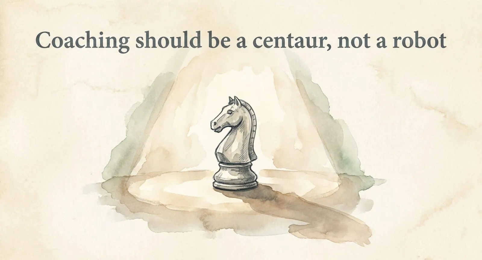 A watercolor of a lone chess knight standing in a soft spotlight on warm parchment, titled 'Coaching should be a centaur, not a robot.'