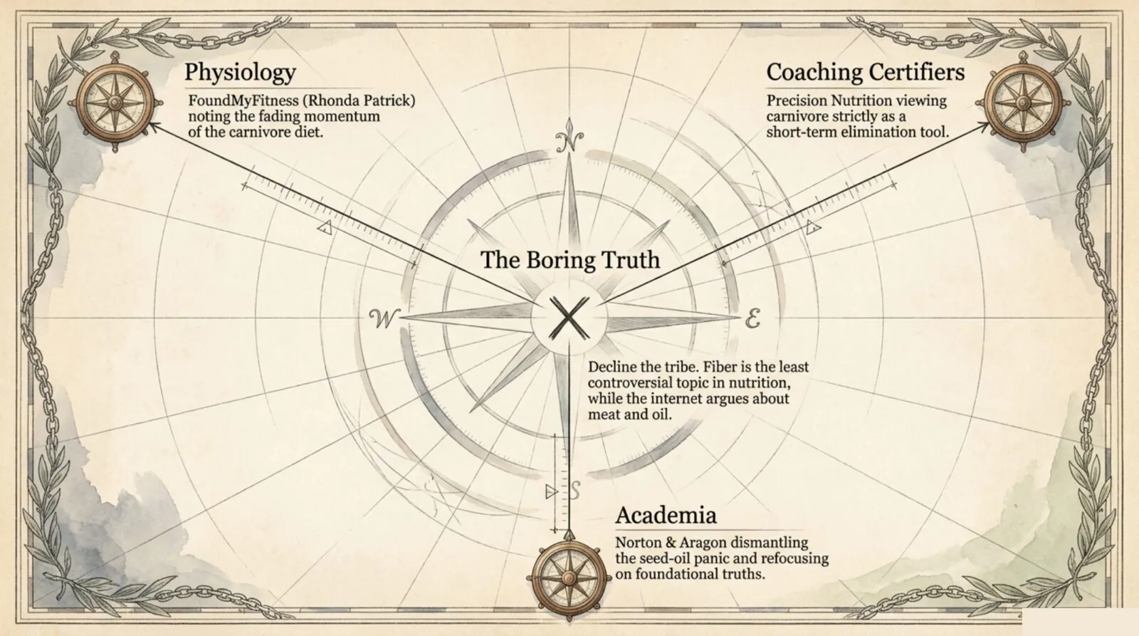 Antique nautical chart titled "The Boring Truth," with three labeled bearings (Physiology, Coaching Certifiers, Academia) converging on a center marked by crossed utensils, illustrating independent voices agreeing the diet tribes cooled off.