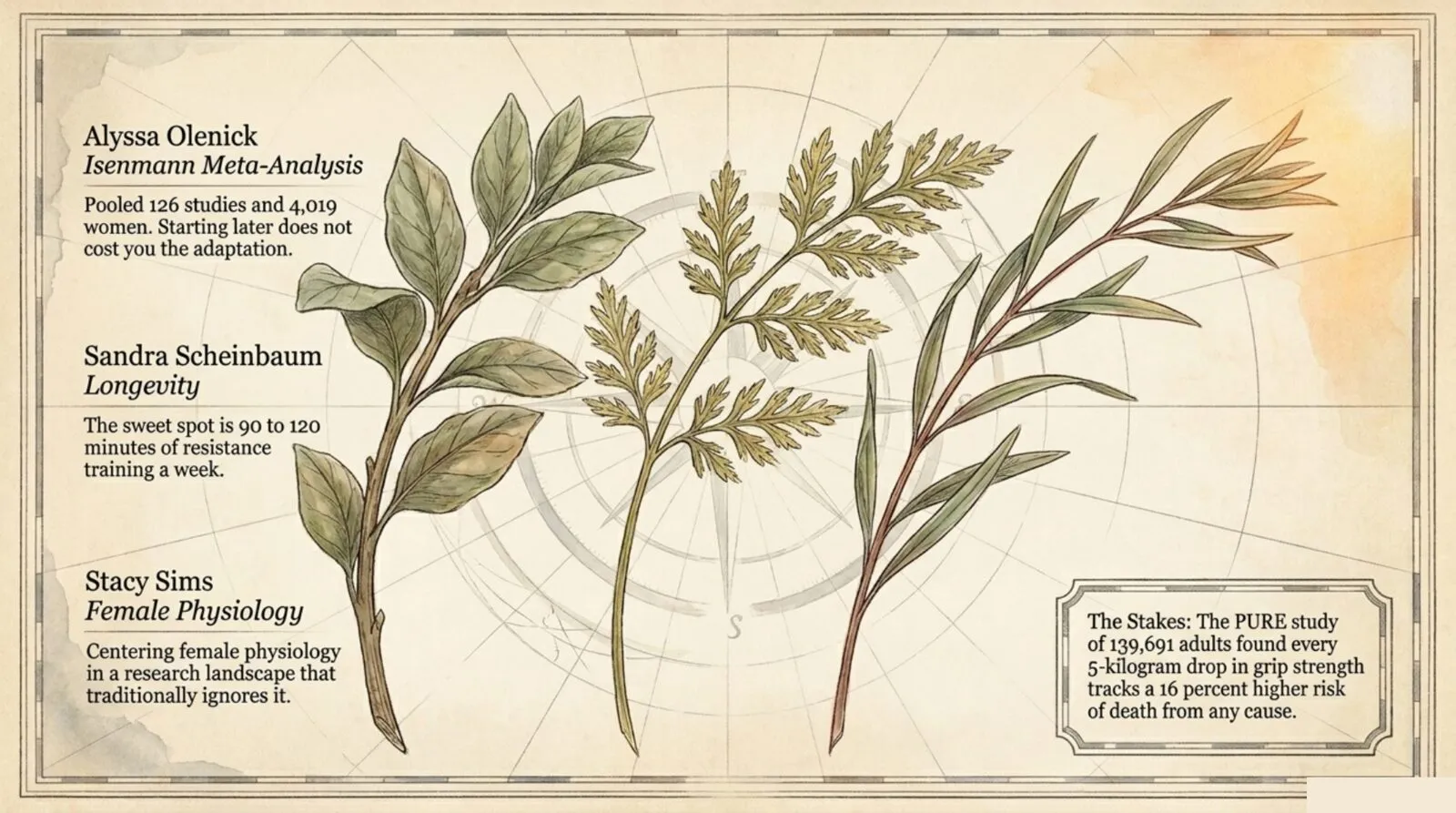 Three hand-drawn botanical specimens labeled Alyssa Olenick, Sandra Scheinbaum, and Stacy Sims, beside a note that the PURE study of 139,691 adults linked each 5-kilogram drop in grip strength to a 16 percent higher risk of death.
