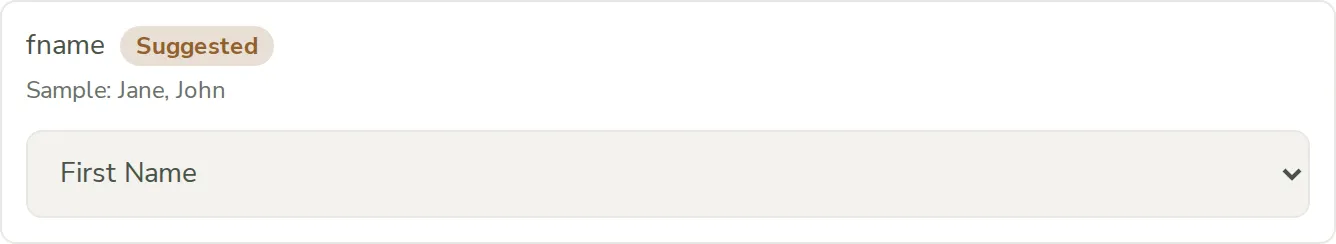 A Map Columns row for a CSV column named "fname," auto-matched to First Name with a Suggested badge