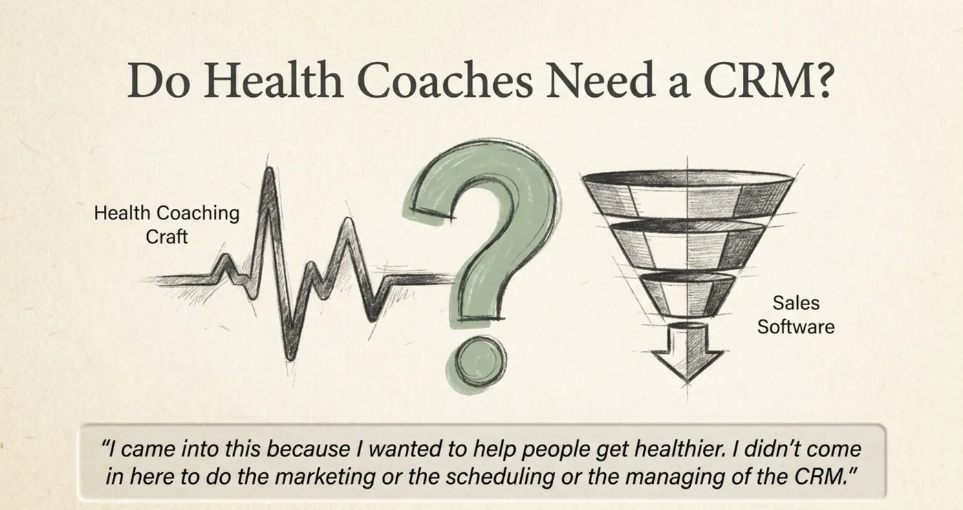 A hand-drawn illustration titled 'Do Health Coaches Need a CRM?' A jagged heart-rate line labeled 'Health Coaching Craft' on the left and a sketched sales funnel labeled 'Sales Software' on the right, joined by a sage-green question mark. Below, the quote: 'I came into this because I wanted to help people get healthier. I didn't come in here to do the marketing or the scheduling or the managing of the CRM.'