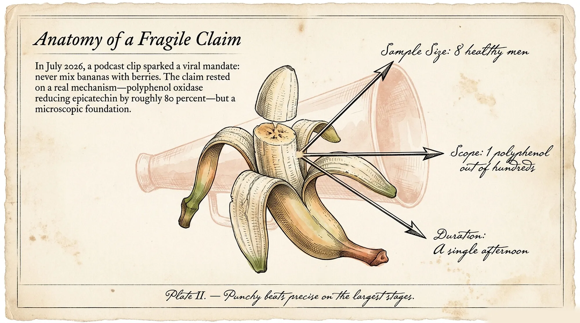 Vintage plate titled "Anatomy of a Fragile Claim," a peeled banana with three labeled arrows reading sample size eight healthy men, scope one polyphenol out of hundreds, and duration a single afternoon.