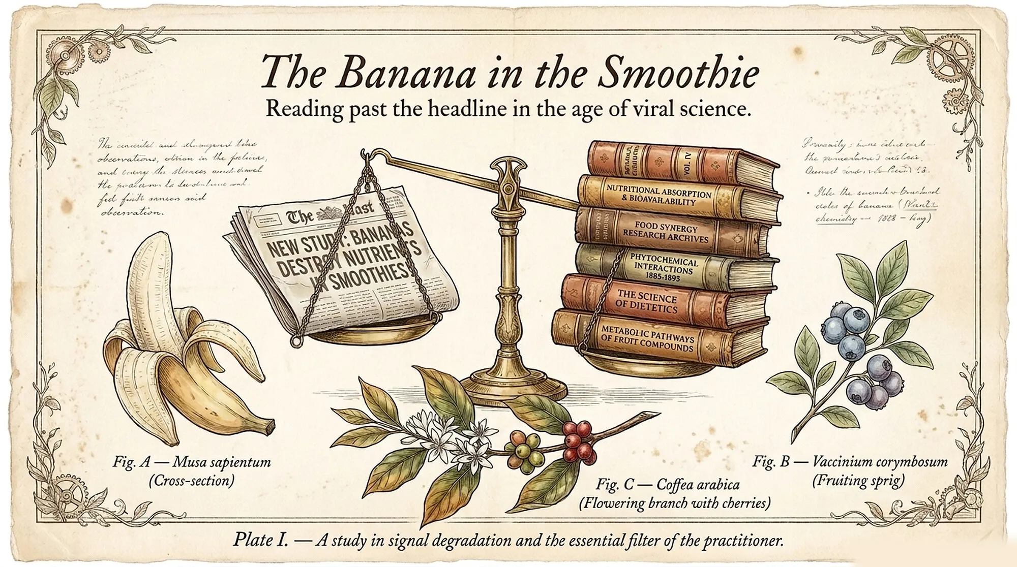 Vintage botanical plate titled 'The Banana in the Smoothie,' a brass balance scale weighing a newspaper headline that reads 'New study: bananas destroy nutrients in smoothies' against a much heavier stack of research volumes, with a banana, a blueberry sprig, and a flowering coffee branch labeled as specimens around it.