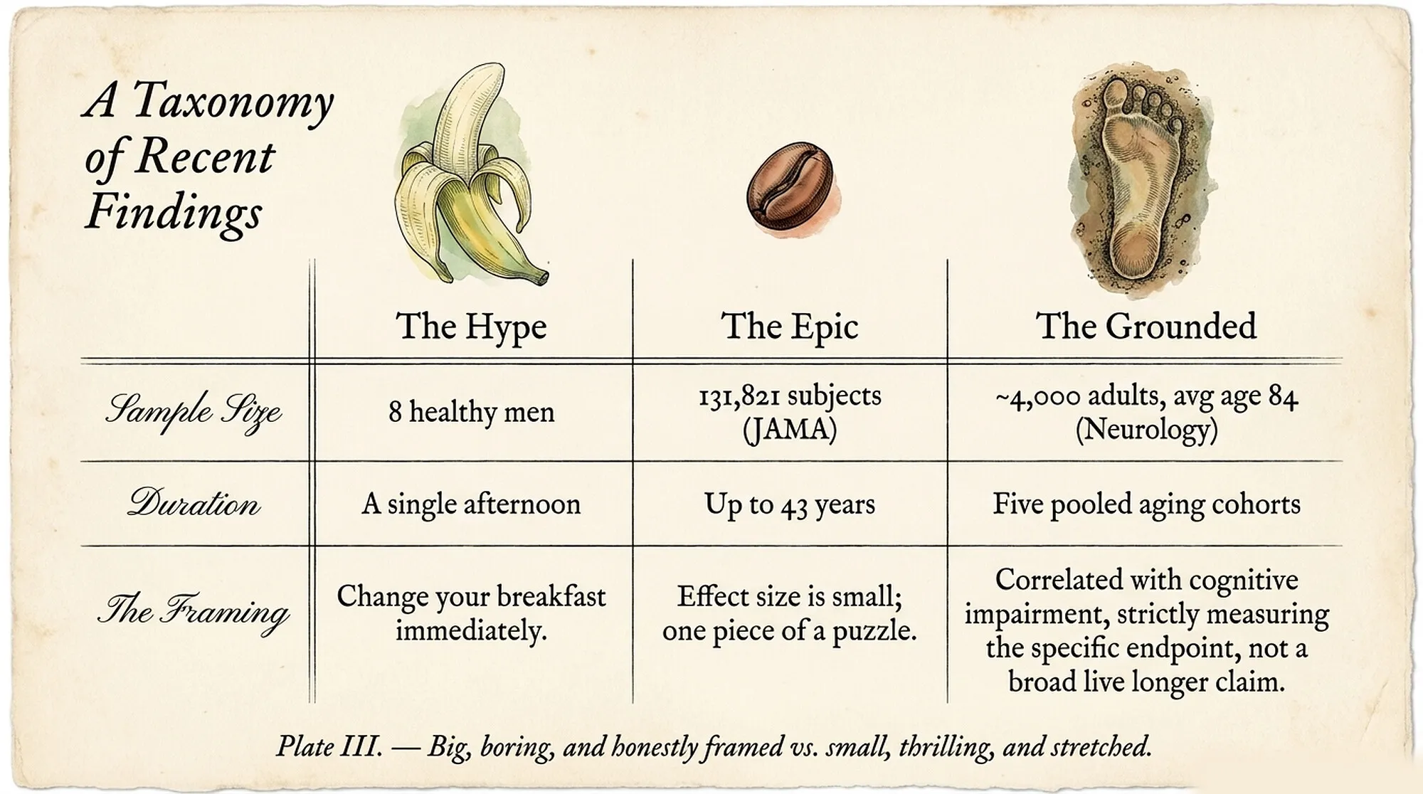 Vintage table titled "A Taxonomy of Recent Findings" comparing the banana, coffee, and walking-pace studies across sample size, duration, and framing, under the column headers The Hype, The Epic, and The Grounded.