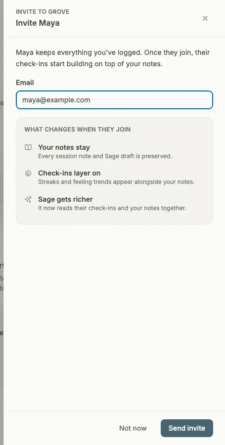 The Invite to Grove drawer showing what changes when an external client joins: notes stay, check-ins layer on, Sage gets richer.