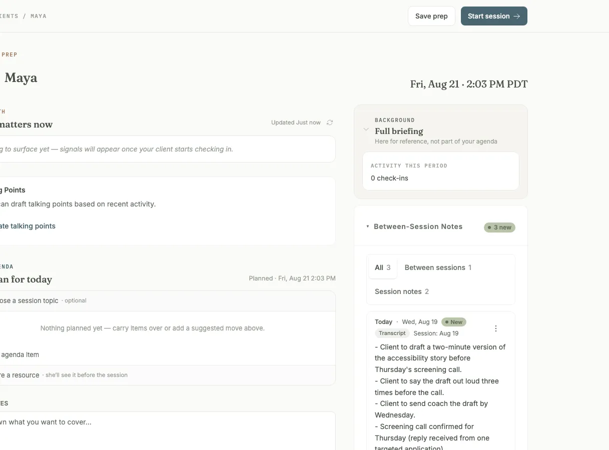 Session prep for an external client, built from the coach’s own notes.