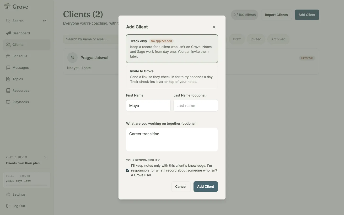 The Add Client dialog with Track only selected: a name, no email field, and the consent attestation checked.
