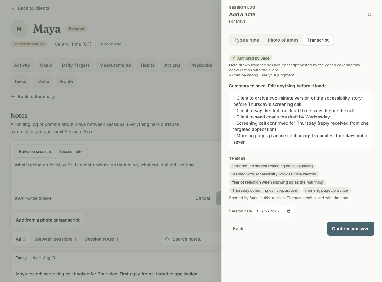 The note capture drawer on the Transcript tab with a Sage-drafted summary, commitments first.