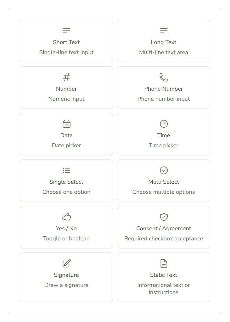 The intake form builder's field-type toolbox, showing all 12 supported Grove field types