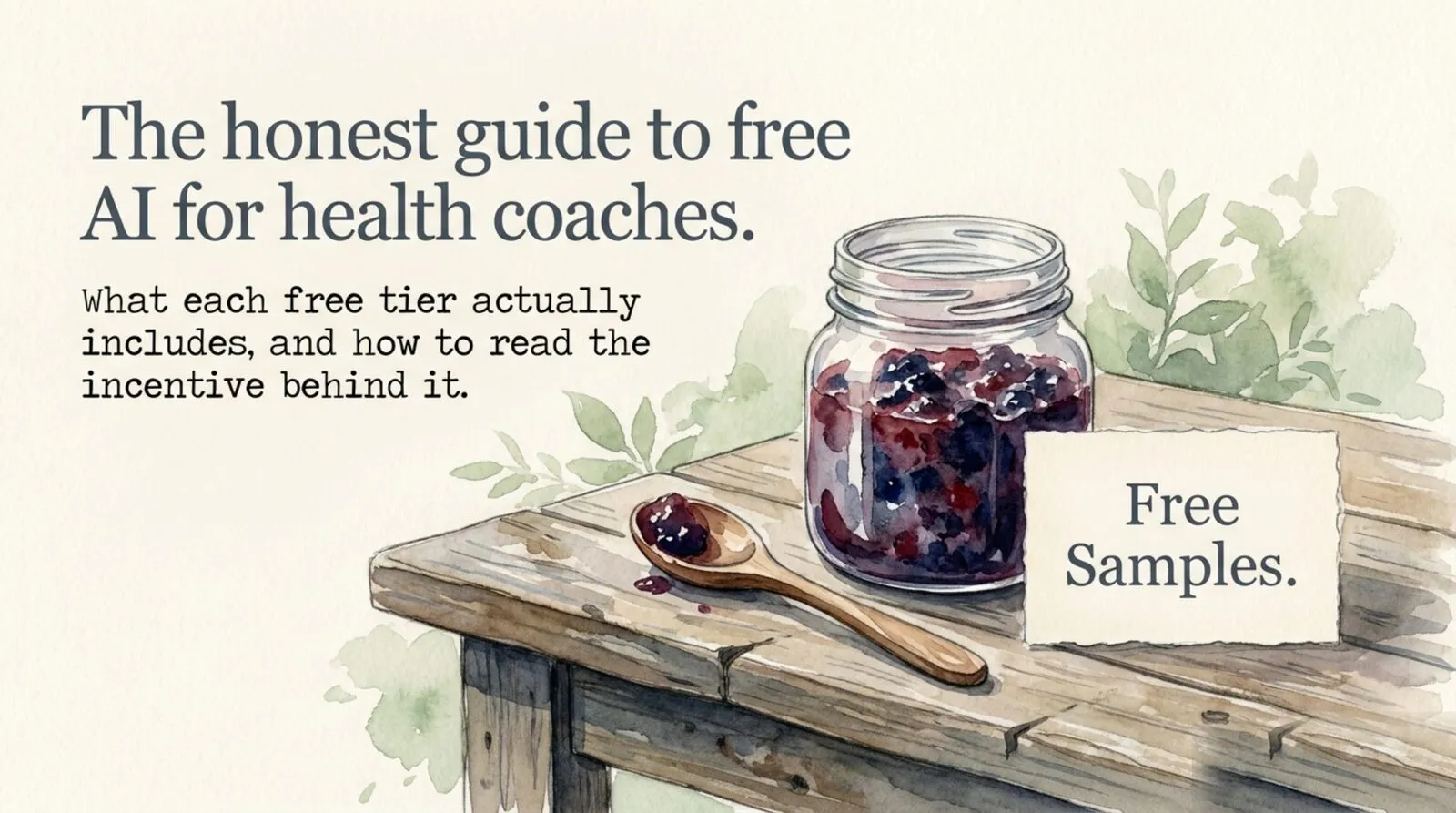 A loose watercolor still-life on a weathered wood table: an open jar of dark berry jam with a wooden tasting spoon and a hand-lettered 'Free Samples.' card, framed by sage sprigs. Title: 'The honest guide to free AI for health coaches.' Subtitle: 'What each free tier actually includes, and how to read the incentive behind it.'