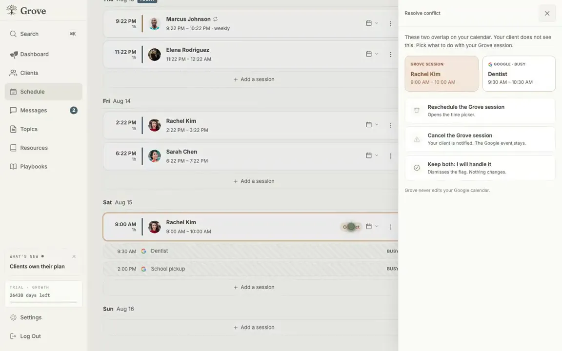 The resolve-conflict drawer showing a Grove session and a Google busy block side by side, with reschedule, cancel, and keep-both actions.