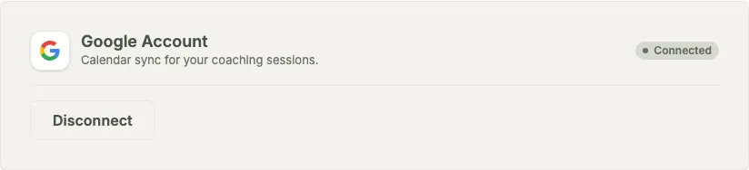 Grove settings showing a connected Google account with calendar sync active.