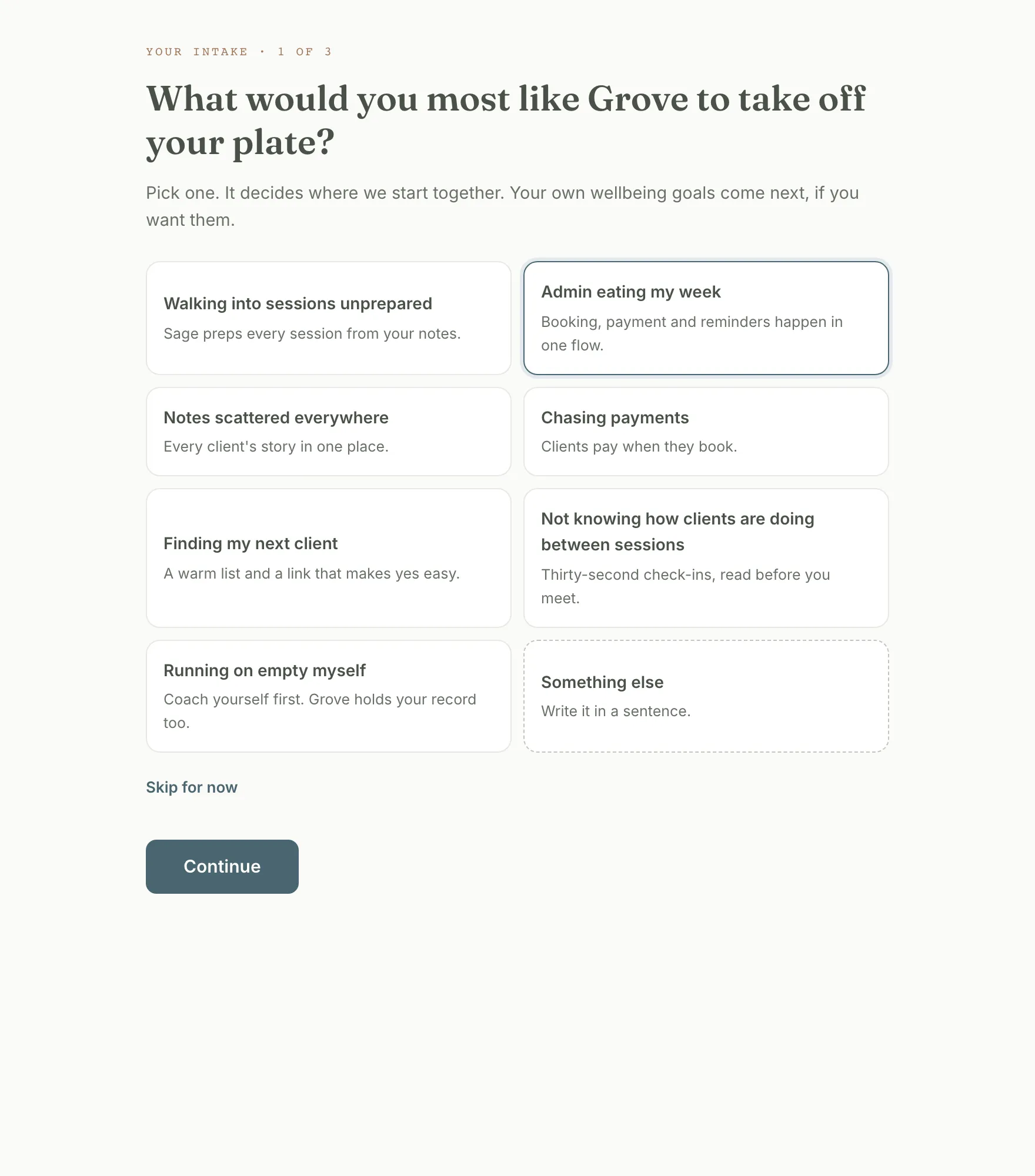 The guided setup's first screen, "What would you most like Grove to take off your plate?", with eight practice-lens cards and Admin eating my week selected