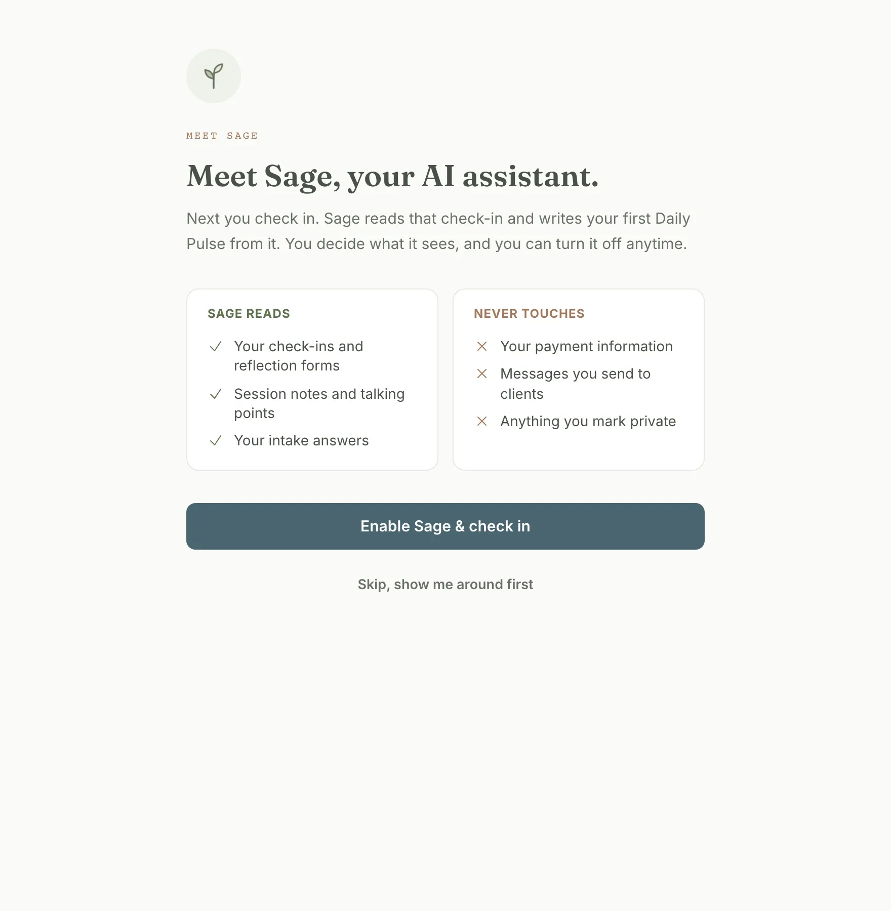 The Meet Sage screen with two columns, Sage reads and Never touches, above an Enable Sage & check in button and a Skip, show me around first link