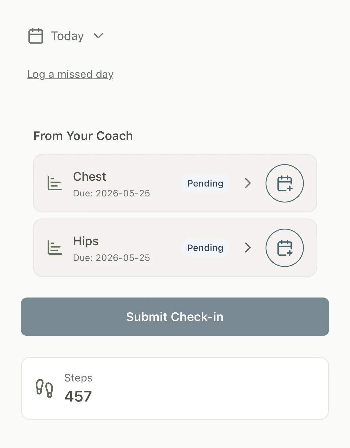 Client check-in screen with two coach-requested measurements pending and a Steps card showing 457 steps auto-pulled from HealthKit