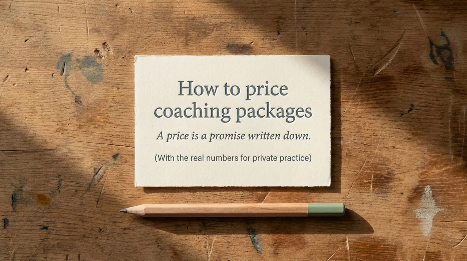 A cream card on a weathered wooden desk, lit by window light, reading 'How to price coaching packages. A price is a promise written down. (With the real numbers for private practice)', with a wooden pencil lying beneath it.