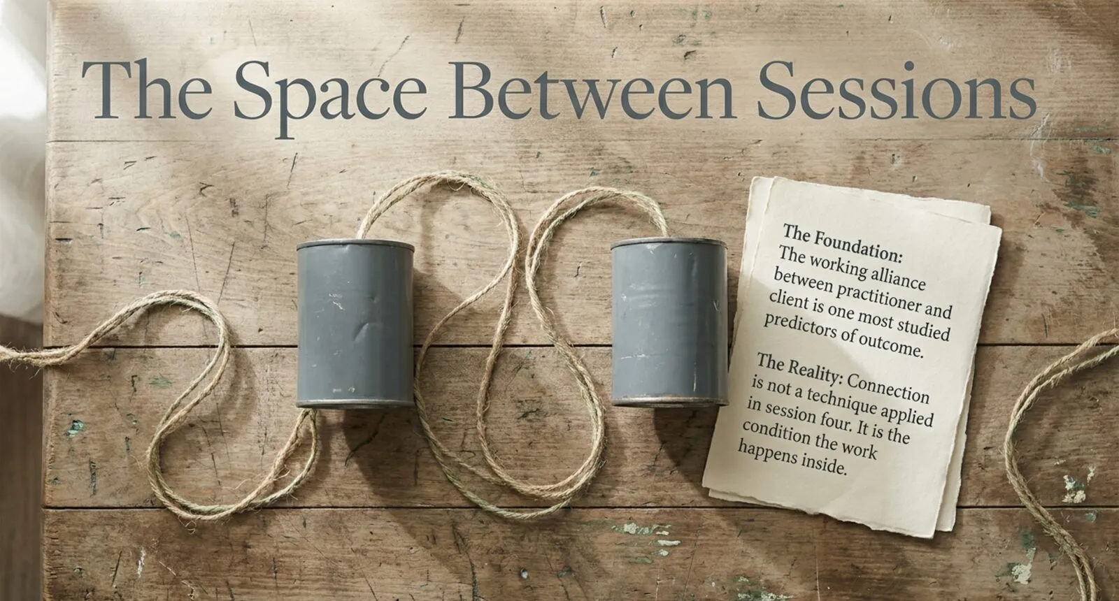 Two tin-can telephones joined by a looping string on a weathered wooden table, under the title The Space Between Sessions, beside a handwritten note that says connection is the condition the work happens inside.
