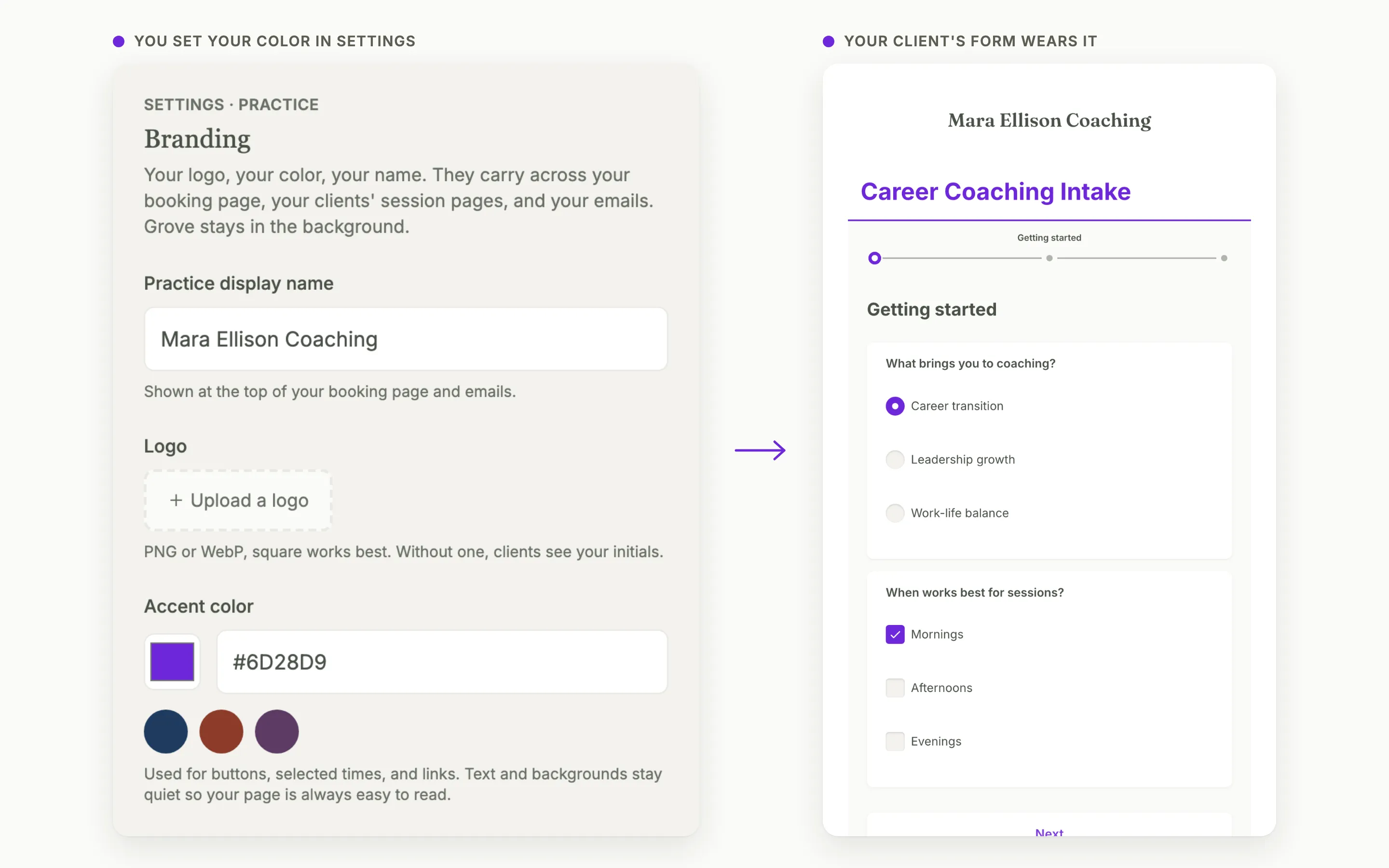 Side by side: the Branding settings card with a violet accent color picked, and a client-facing intake form in that same violet, where the title, title rule, progress bar, and selected options carry the coach's color instead of Grove green.