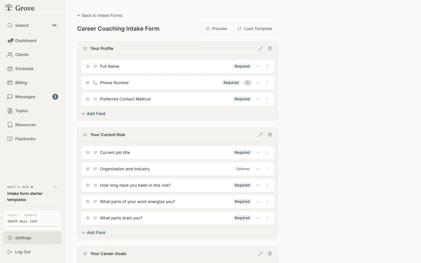 The intake form builder editing a Career Coaching intake: sections of editable questions with required toggles, drag handles, and Add Field buttons.