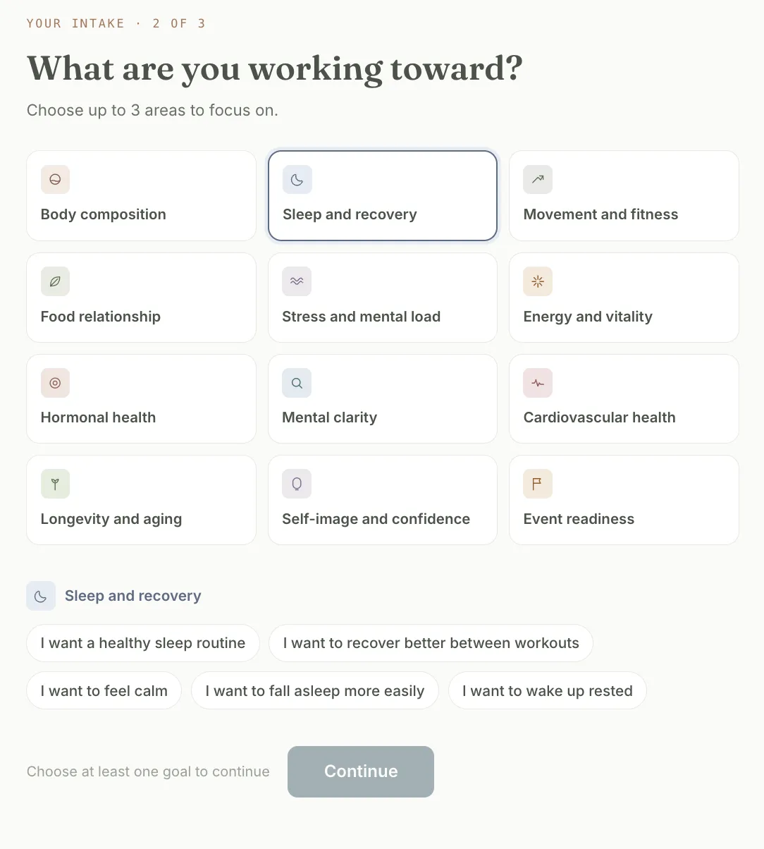Step two of the guided onboarding, a focus-area picker titled What are you working toward, with Sleep and recovery selected and a row of suggested goals beneath it.