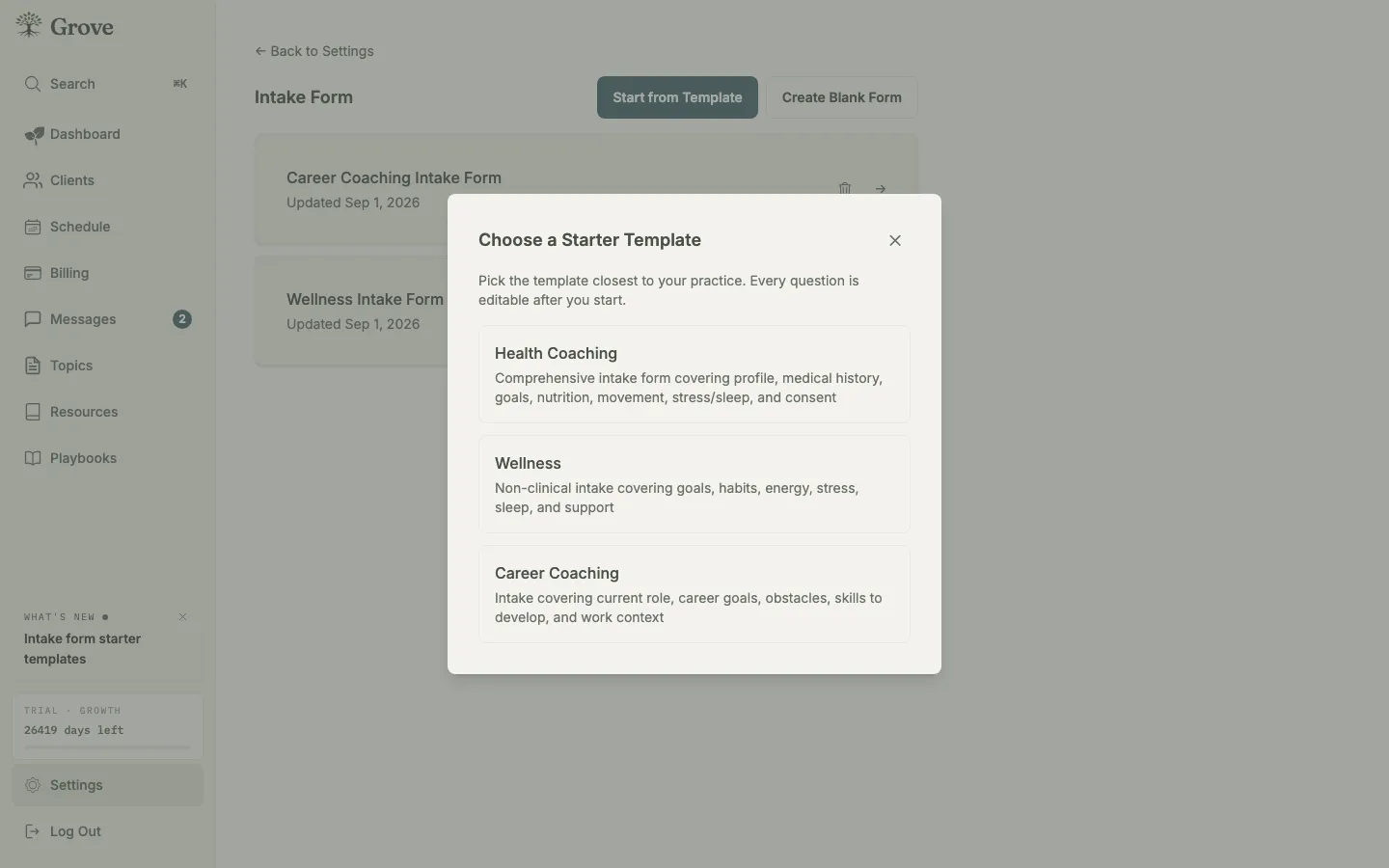 The template picker on a new intake form: Health Coaching, Wellness, and Career Coaching options, each with a one-line description.