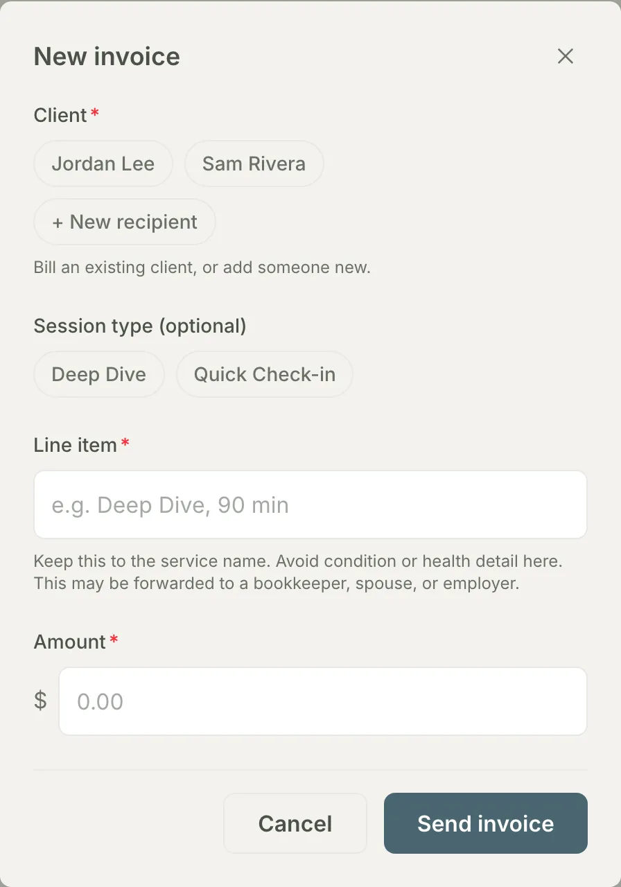 The New invoice composer: client chips, an optional session type, the line item with a privacy hint, the amount, and Send invoice.