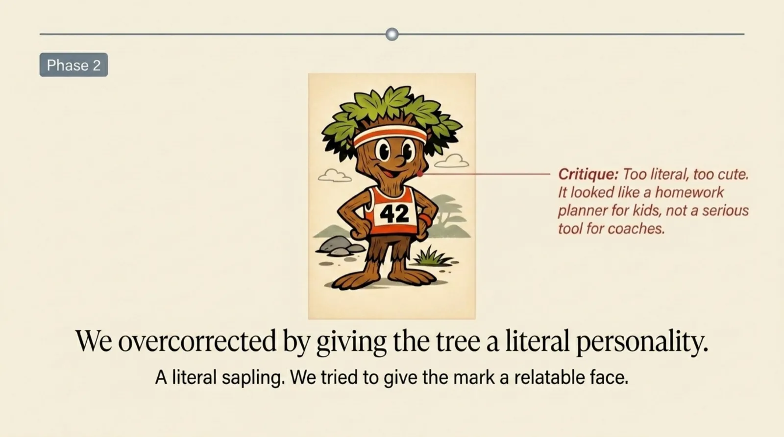 Phase 2: a cartoon tree mascot with a face, wearing a red and white running tank with the number 42. Critique callout: "Too literal, too cute. It looked like a homework planner for kids, not a serious tool for coaches."