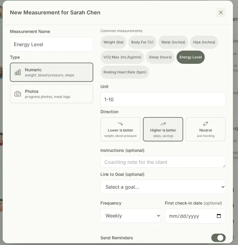New measurement creation form with type, direction, instructions, frequency, and goal link