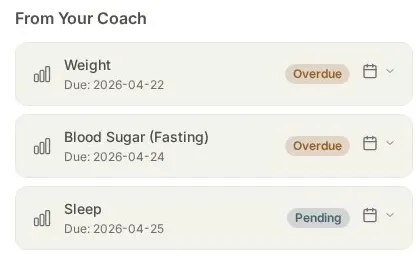 Client-side view of pending measurement reminders from coach
