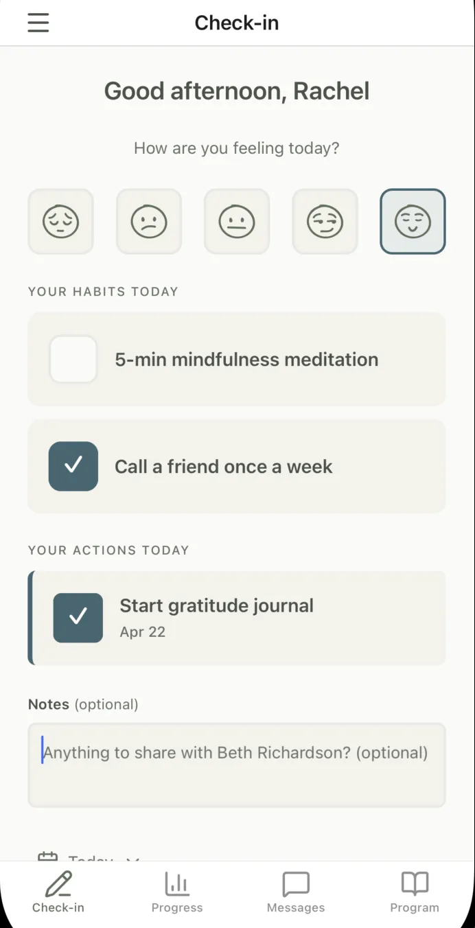 Grove mobile app showing daily coaching check-ins