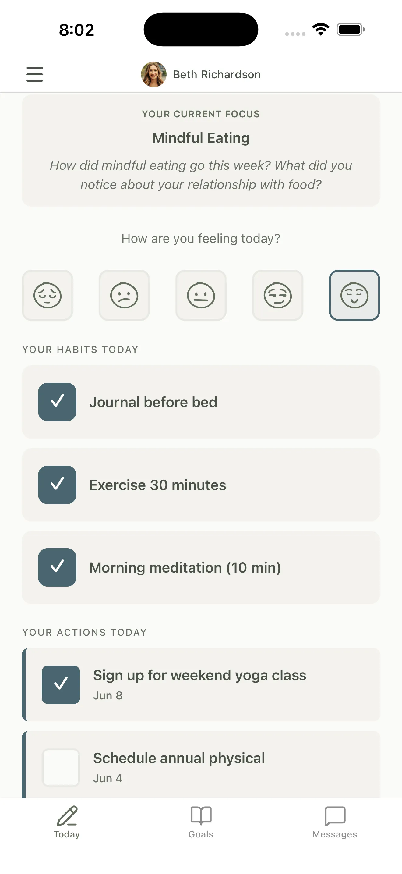 Grove mobile app: a client's daily check-in with mood selection and habit list on the Today screen.