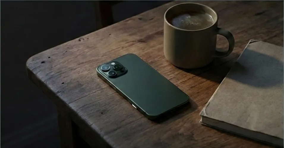 A green phone face-down at the edge of a worn wooden table at the end of the day. A steaming mug and a closed leather notebook sit nearby, with warm evening light coming in from the side.