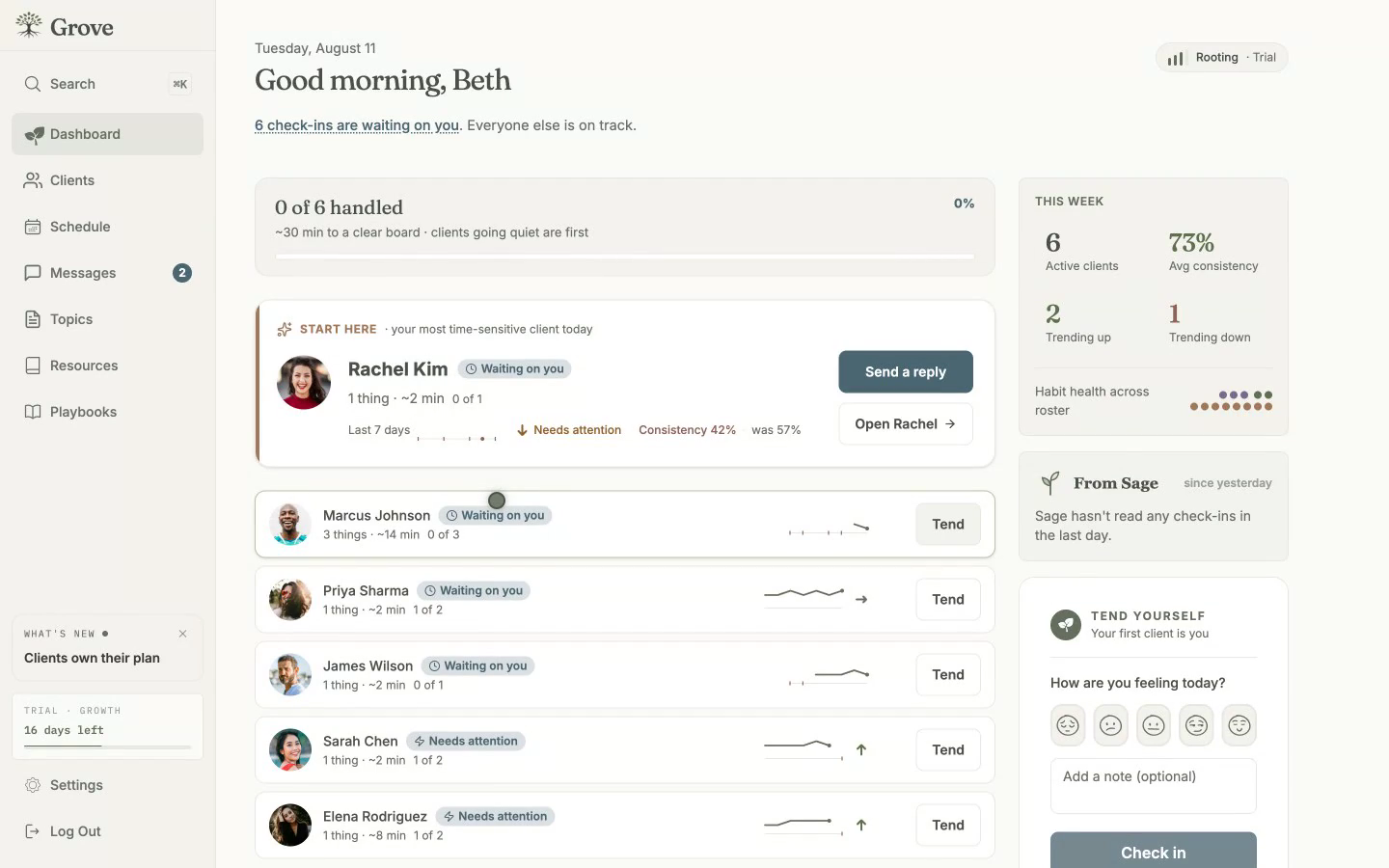 A morning in Grove: a coach's daily check-in routine