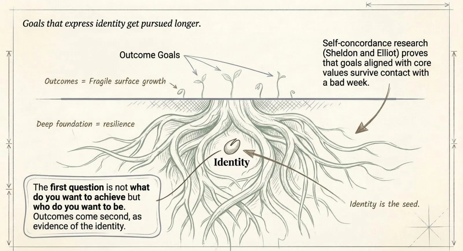 A pencil drawing of a seed labeled Identity anchoring a deep root system, with small fragile sprouts above ground labeled outcome goals, illustrating that identity is the seed and outcomes are surface growth