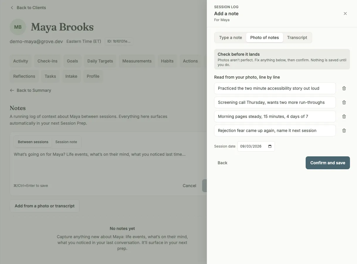 The Add a note drawer on the Photo of notes tab: lines transcribed from a photographed page, each in an editable field with a remove button, above a session date and a Confirm and save button.