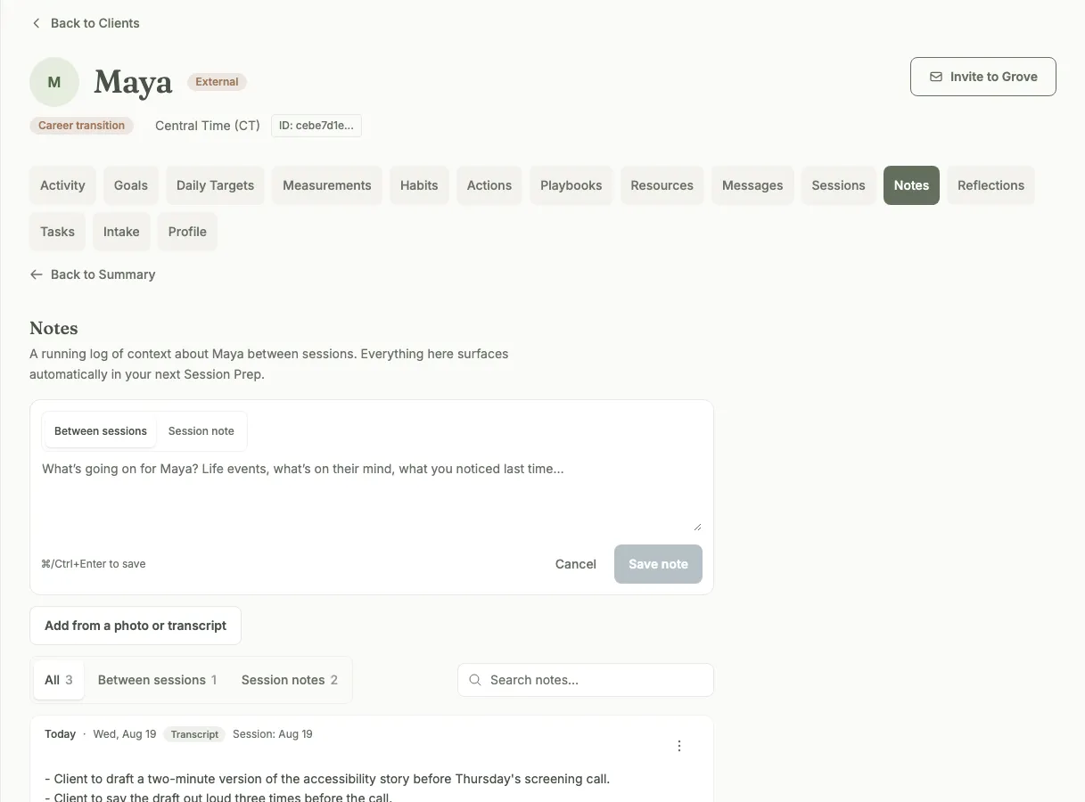 The client notes timeline for an external client showing notes with source tags.