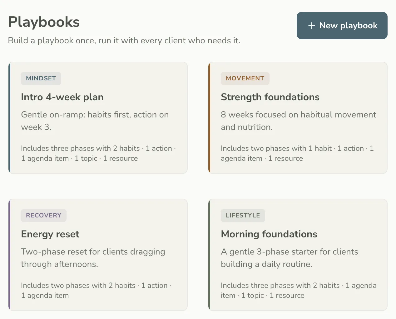 Coaching playbook with reusable program structure