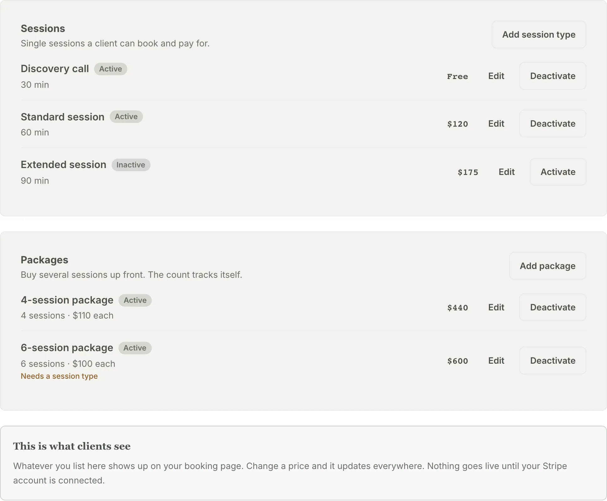 The Pricing tab of the Billing page: Sessions and Packages cards with add buttons and active offerings.