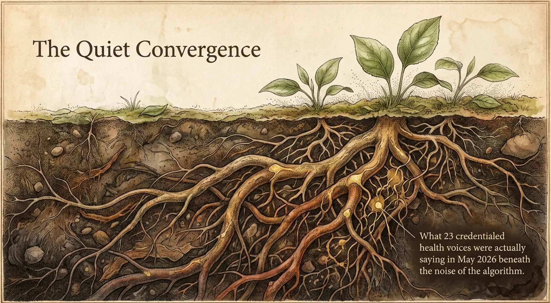 Vintage botanical illustration titled 'The Quiet Convergence' showing intricate roots branching beneath dark soil and three young sprouts emerging above, captioned: What 23 credentialed health voices were actually saying in May 2026 beneath the noise of the algorithm.