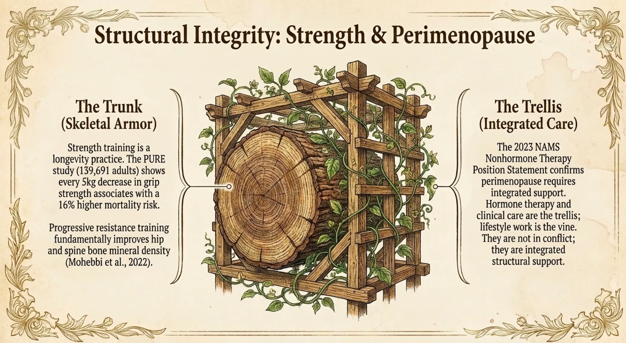 Vintage botanical illustration of a thick tree trunk wrapped in a wooden trellis with green vines climbing through it, illustrating the relationship between strength training (the trunk, skeletal armor) and perimenopause care (the trellis, integrated lifestyle plus clinical support).
