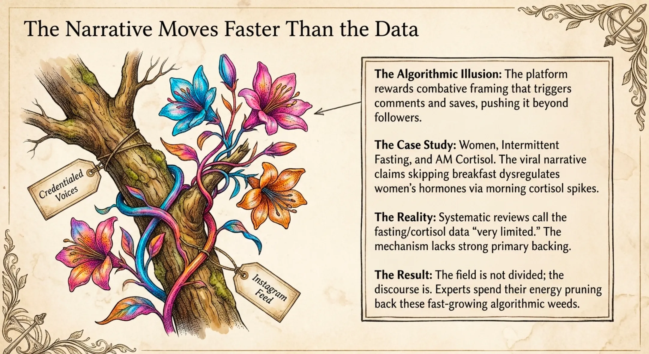 Vintage botanical illustration of a weathered tree trunk labeled 'Credentialed Voices' with bright multicolored flowering vines labeled 'Instagram Feed' winding through and overtaking it, captioned 'The Narrative Moves Faster Than the Data.' A side panel walks through the algorithmic illusion, the intermittent fasting and morning cortisol case study, the systematic-review reality, and the resulting field-vs-discourse split.