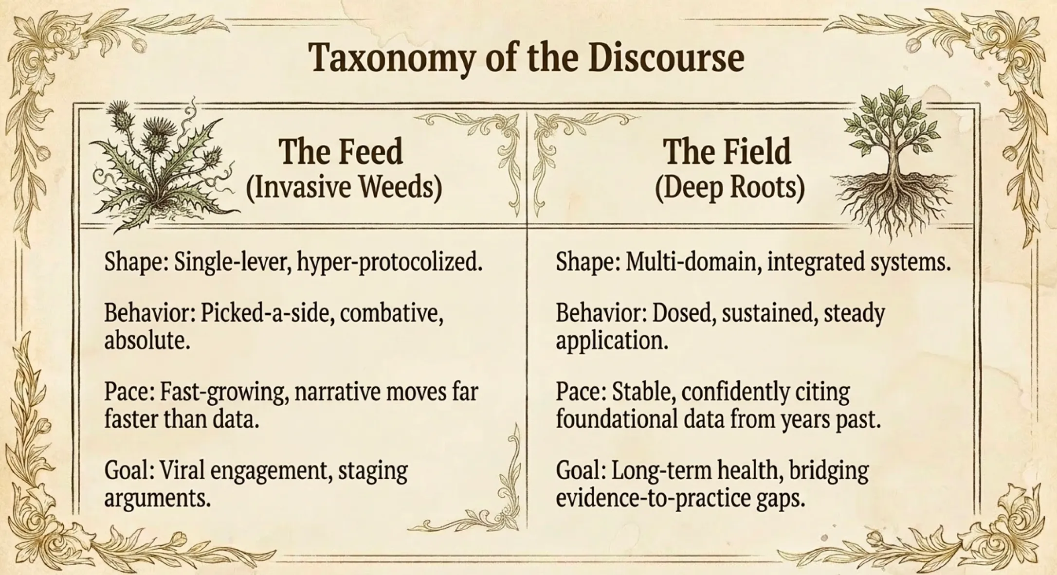 Vintage botanical-styled comparison table titled 'Taxonomy of the Discourse' with two columns: 'The Feed (Invasive Weeds)' on the left, illustrated with a thistle, and 'The Field (Deep Roots)' on the right, illustrated with a rooted tree. Across four rows — shape, behavior, pace, and goal — the feed reads single-lever, picked-a-side, fast-growing, and viral; the field reads multi-domain, dosed and sustained, stable, and oriented toward long-term health.