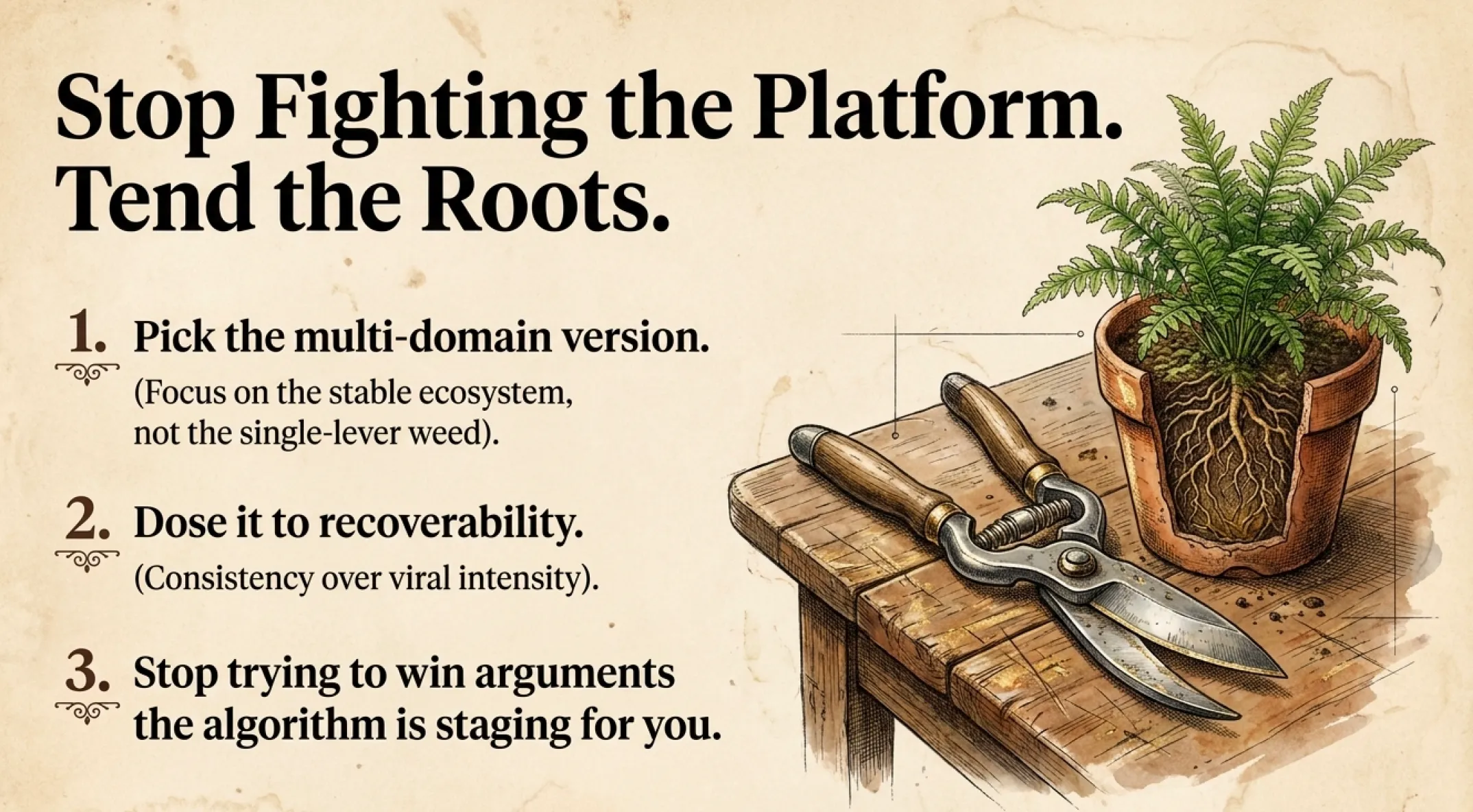 Vintage botanical illustration of garden shears resting on a wooden workbench next to a small potted fern, titled 'Stop Fighting the Platform. Tend the Roots.' with three numbered principles: pick the multi-domain version, dose it to recoverability, and stop trying to win arguments the algorithm is staging for you.